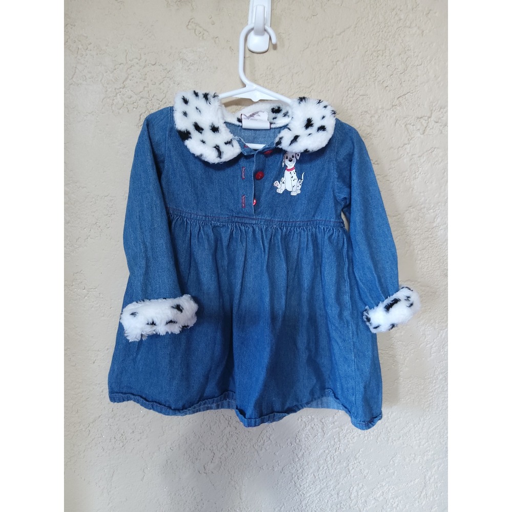 Vintage 1990s Disney 101 Dalmatians Denim Dress Faux Fur Trim Girls 2T